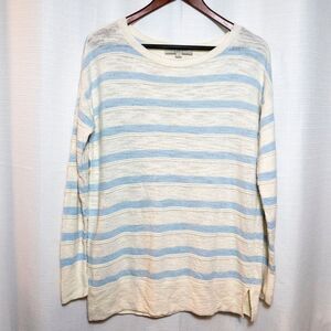 LOFT Striped Sweater Womens Medium Blue Cream Lightweight Knit Top
